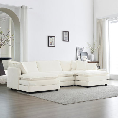 5 canapé convertible avec repose-pieds réversible, canapé modulaire en U blanc pour le salon, tissu chenille minimaliste moderne, 2 repose-pieds et blanc, rembourrage en éponge douce