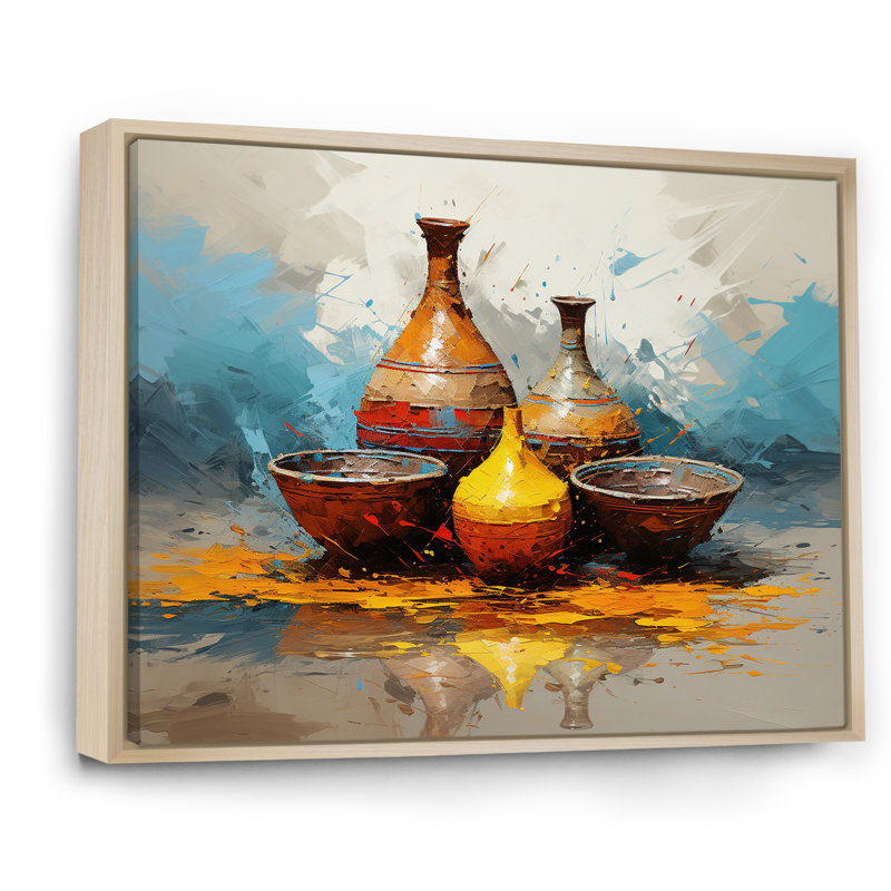 Jaune Boho Pottery Design - Boho Pottery, art mural, H 30 po x l 40 po x P 1,5 po, Cadre flottant brun