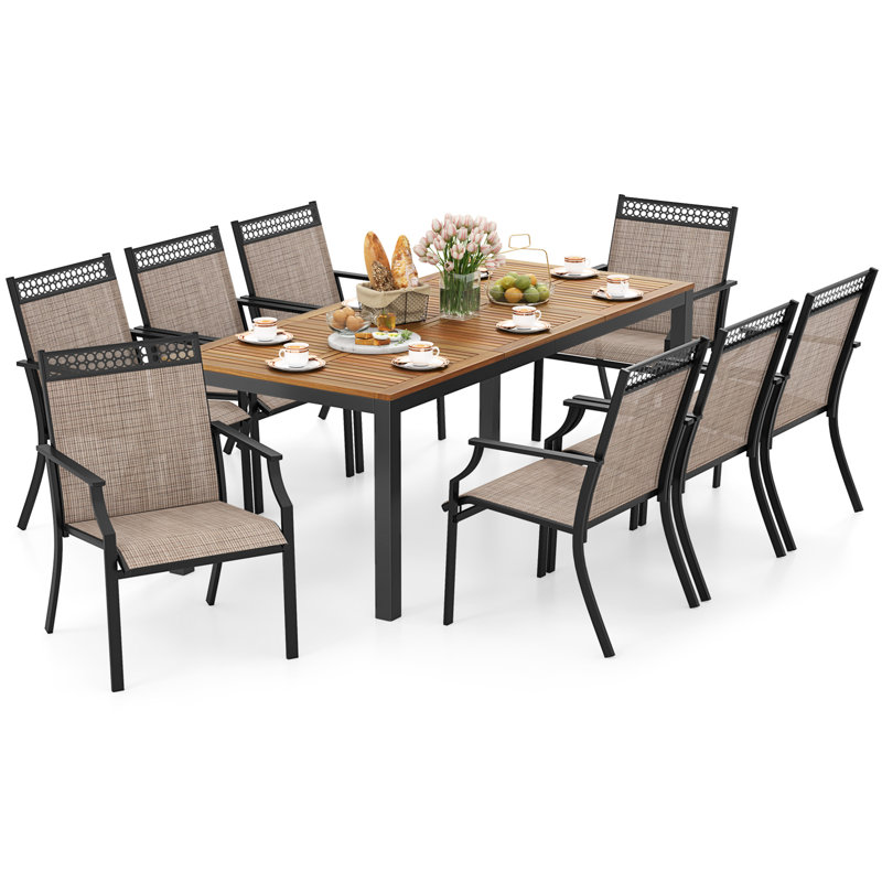  9-Piece Outdoor Patio Furniture w/ Large Wooden Tabletop & Umbrella Hole