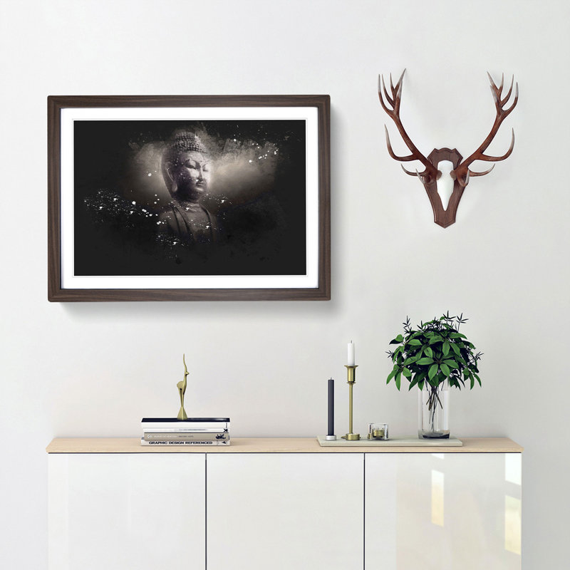 Buddha In A Mist Paint Splash - Picture Frame Graphic Art, 33cm H x 45cm W x 2cm D, Walnut Framed