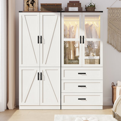 74.8"H 4 Door Wardrobe Armoire Closet With LED Lights, Rustic Farmhouse Wardrobe Cabinet With Hanging Rod & Adjustable Shelves For Bedroom by Gracie Oaks