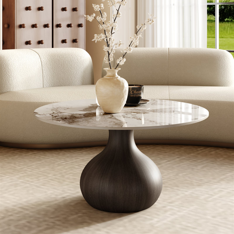 Table basse ronde à piédestal moderne, Warm Sand, 18.23" H x 35.43" L x 35.43" W