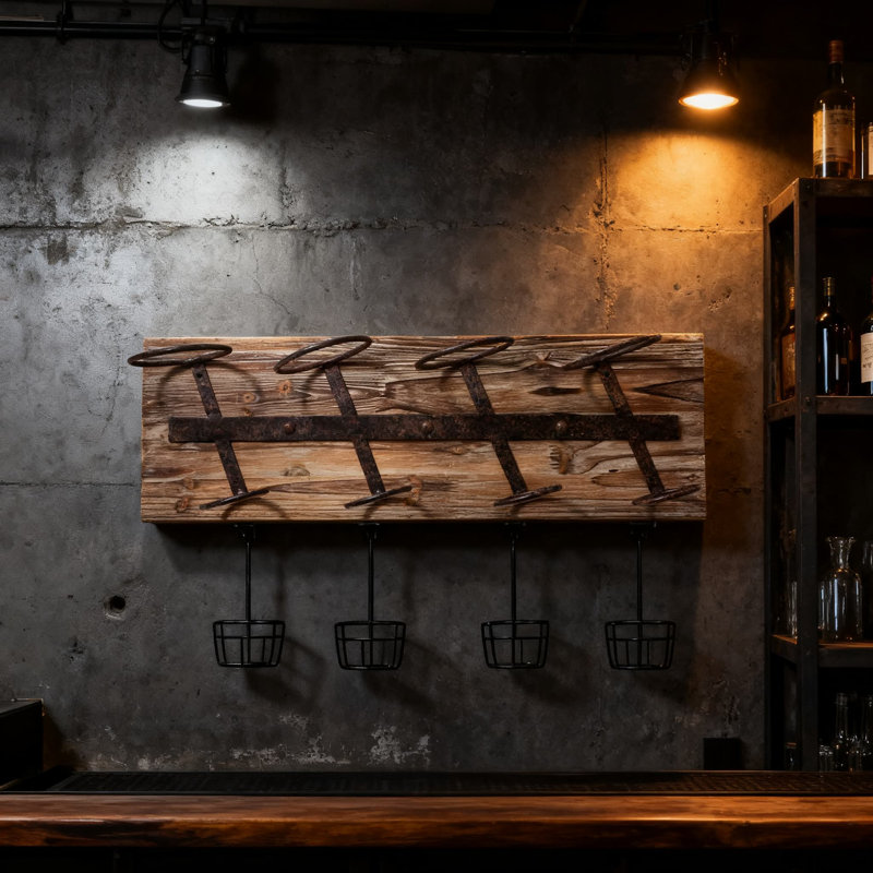 Support à vin rustique mural pour 4 bouteilles, décor de ferme avec construction en métal et en bois, montage vertical ou horizontal compact