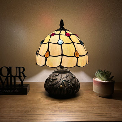 Standwood Tiffany Mini Table Lamp Gold Stained Glass Crystal Beans LED Bulb Dragonfly Base 12"H*8"W*8"D