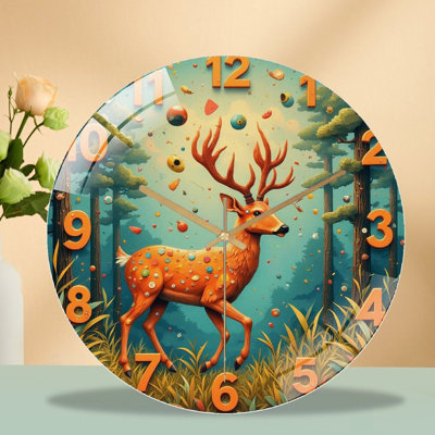 Horloge murale silencieuse en verre trempé de 30 cm, « Horloge Cerf de la forêt », sans tic-tac, fonctionne avec des piles (piles AA non comprises), décoration artistique pour la maison