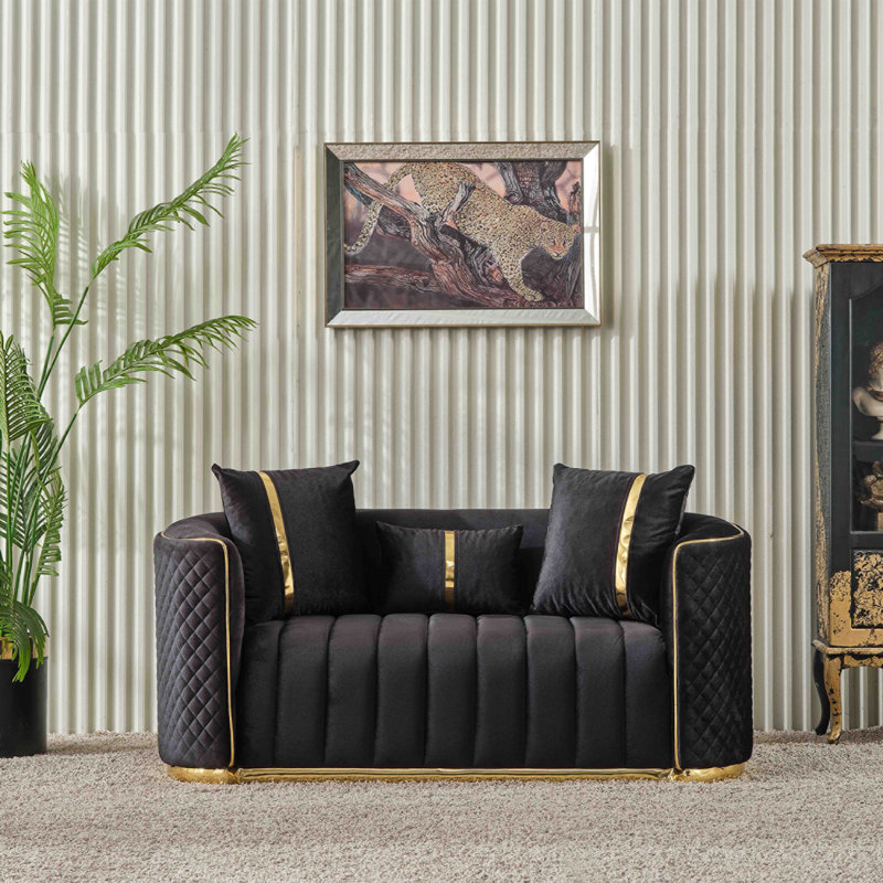 Causeuse capitonnée en velours noir avec base en métal doré - petit siège moderne glamour pour le salon ou le salon