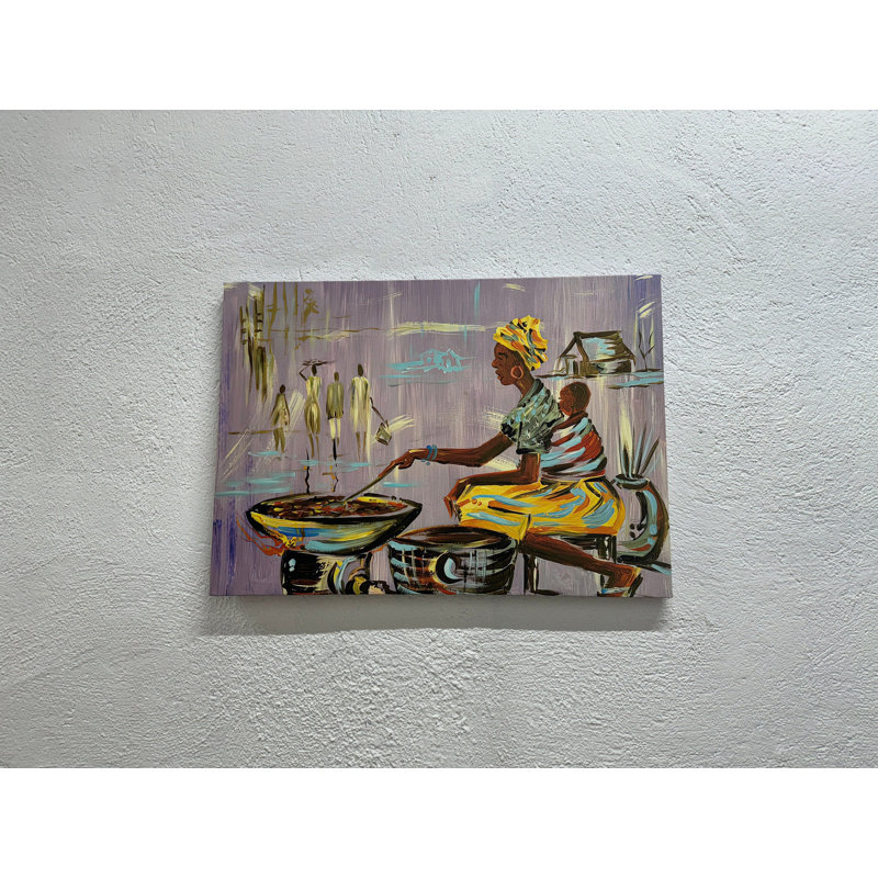 Authentique décor nigérian: œuvre d'art de la femme de cuisine imprimée, toile noire encadrée 1P, 31,6 po H x 43,4 po l