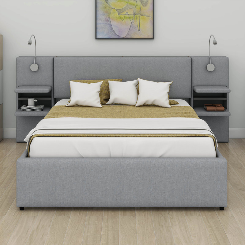 Base de lit grand, cadre de lit gigogne grand avec 2 tiroirs de rangement, lampes de lecture, tête de lit de rangement, support de rangement