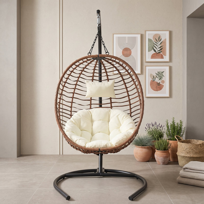 Fauteuil à œufs pliant en osier PEHD avec support en métal, coussin, appui-tête réglable et pieds antidérapants, Beige brun