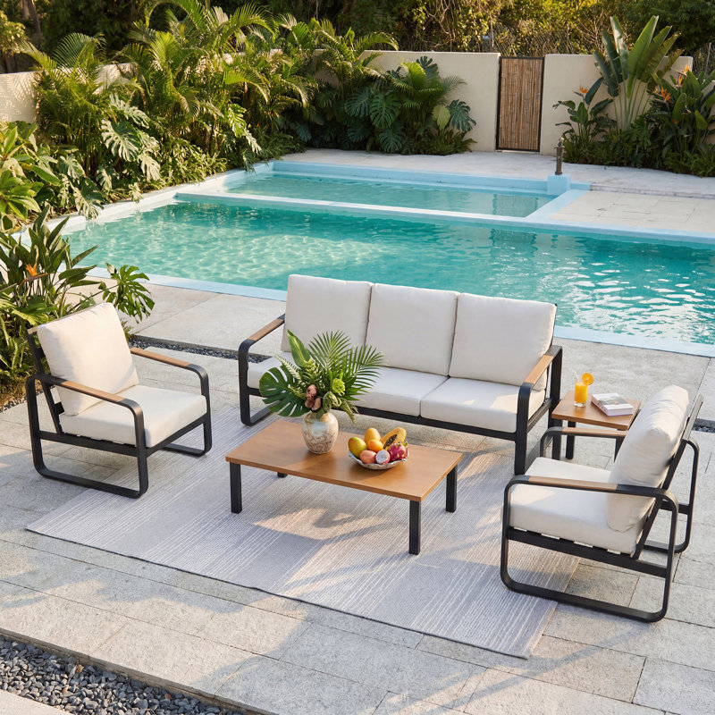 5-person Outdoor Sofa Seating Group Set, Patio Conversation Set with Cushions, Coffee Table, Side Table, Off-White