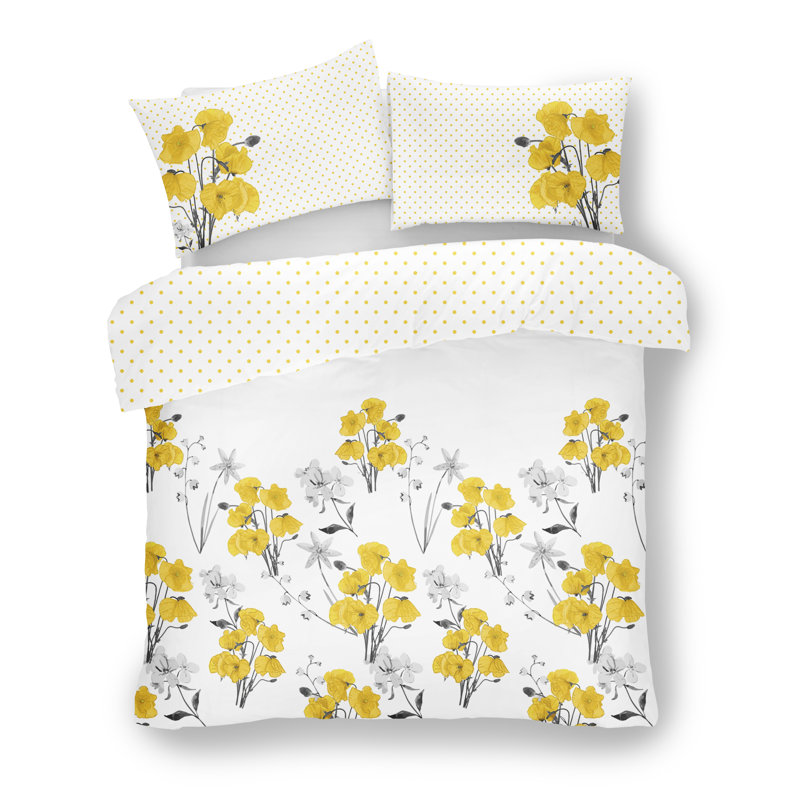 Floral Design Duvet Cover Set Polycotton with Pillowcases - Yarn Bedding, Yellow, Single - 1 Standard Pillowcase 1
