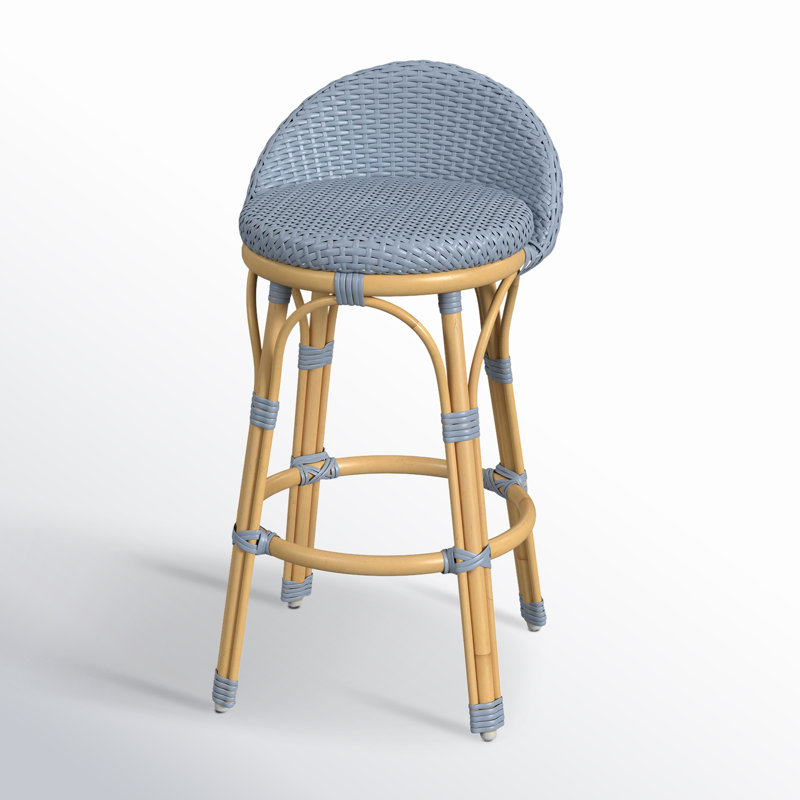 Tobias Outdoor Rattan and Metal Low Back Counter stool, Blue