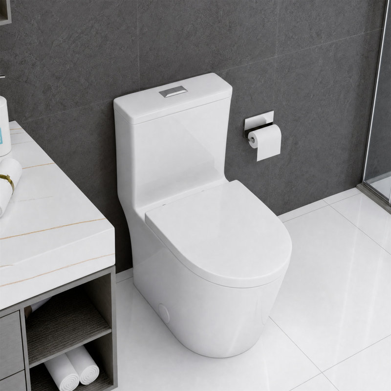 Toilette compacte une pièce courte 23 po, double chasse, siège à fermeture en douceur