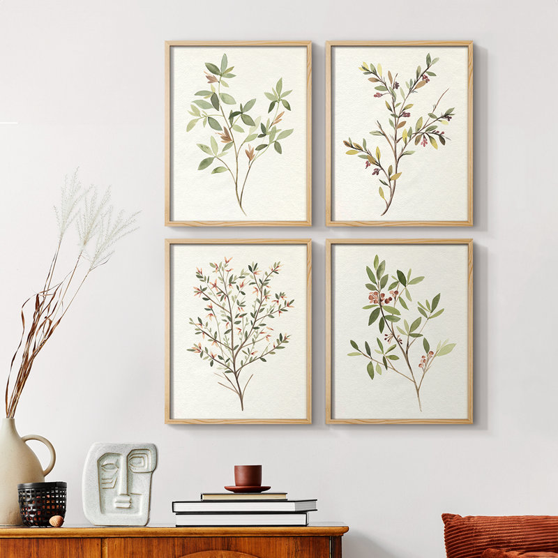 «Simple Sprig I», ensemble de 4 reproductions encadrées, Noir, H 20 po x l 16 po