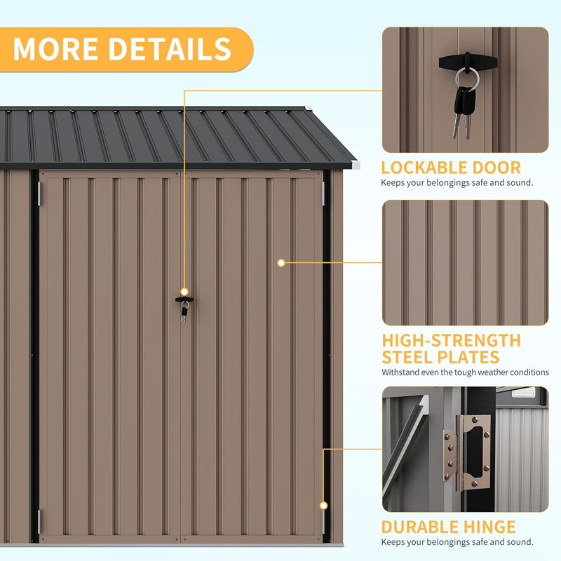 10x8 Outdoor Metal Storage Shed with Lockable Doors and Windows for Garden and Backyard, Brown