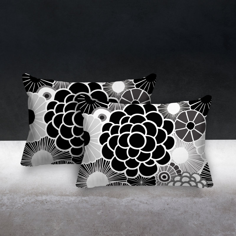 Coussin lombaire floral intérieur / extérieur, Noir