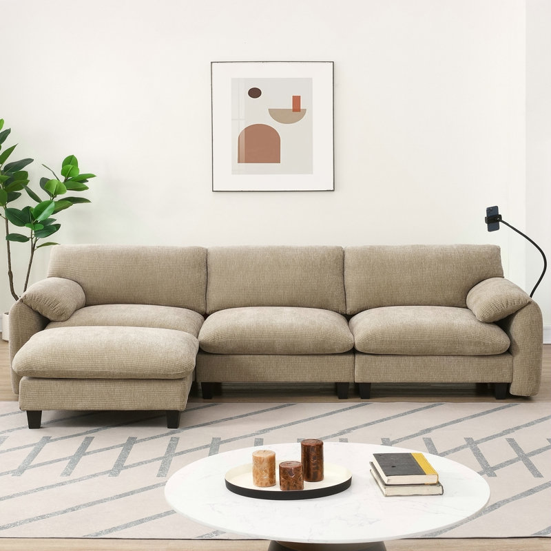 [VIDÉO fournie] Canapé modulaire de 108 po en forme de L avec coussin de siège extra large de 31,5 po, chargeur USB et de type C, support pour téléphone et 2 poches de rangement latérales, repose-pieds à mouvement libre, chenille rayée