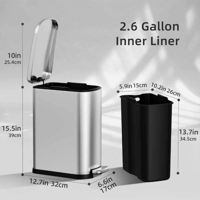 Slim Stainless Steel Trash Can With Removable Liner Bucket - Space-Saving 10L Office Garbage Bin With Silent Closing Lid (Silver Modern Design)