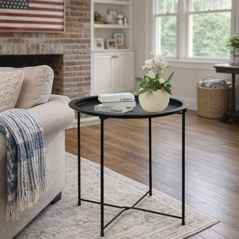 Round Metal Folding End Table, Portable Tray Side Table for Living Room, Bedroom, Patio