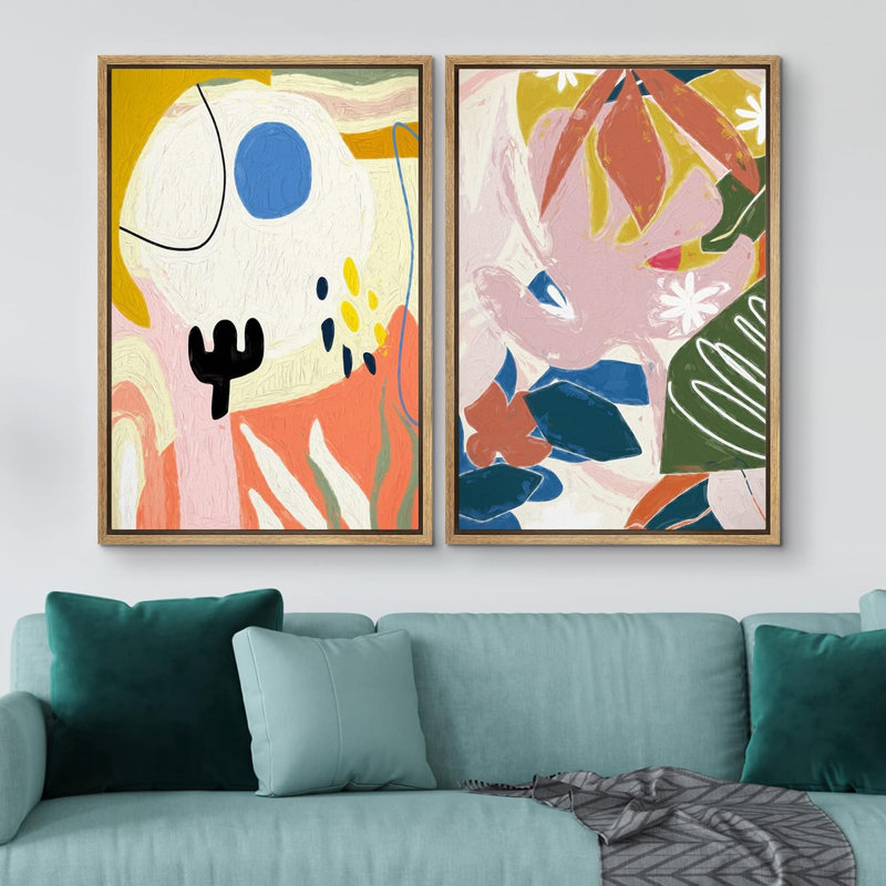 Illustration de formes abstraites de jardin de fleurs Mid-Century, Naturel, H 24 po x l 32 po