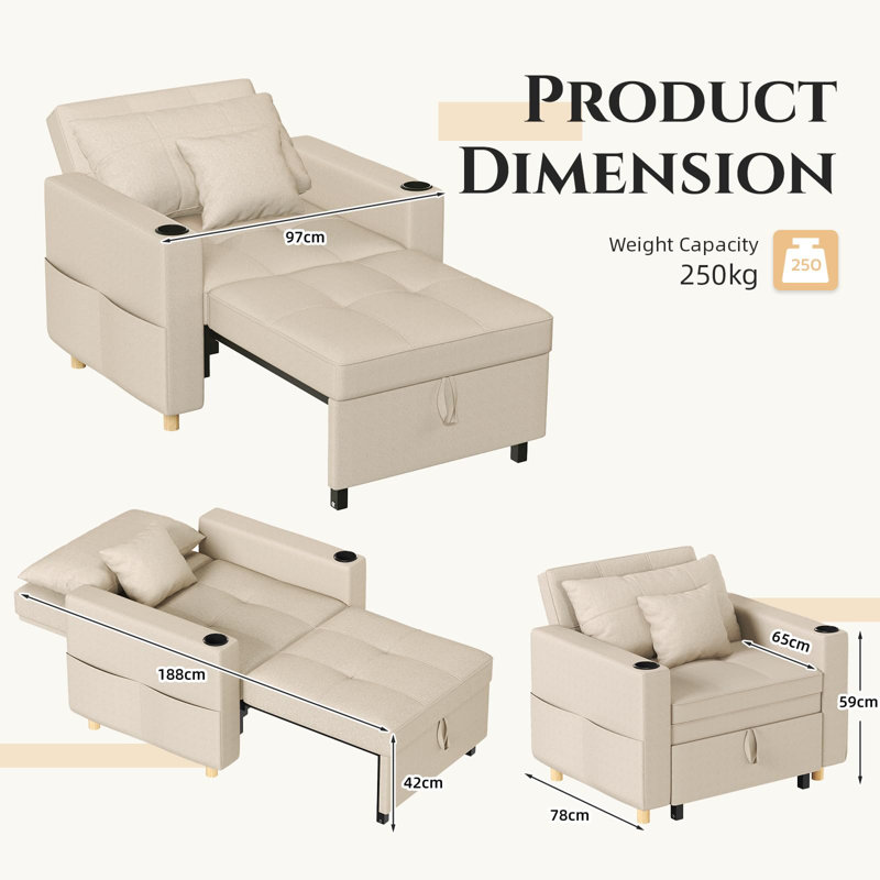 Emma-Leigh 1 Seater Fabric Accent Chairs Bed, Beige Linen