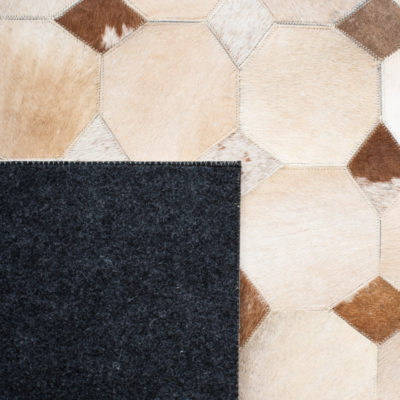 Bersa Flat Weave Hair On Leather Geometric Rug, Rectangle 3' x 5'