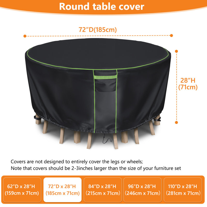 420D PU-Coated Black Round Table Cover with Green Piping, Waterproof Outdoor Protector/ Vents, Handles & Buckles, 73"D x 28"H
