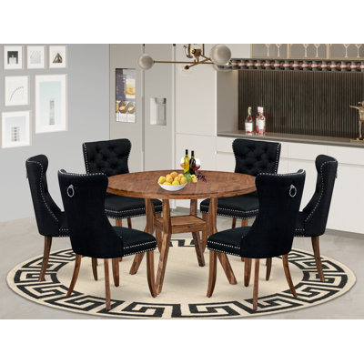 L'ensemble de table de salle à manger 7 pièces Mid-Century se compose d'une table et de 6 chaises en tissu de polyester gris platine avec dossier capitonné - finition noyer antique