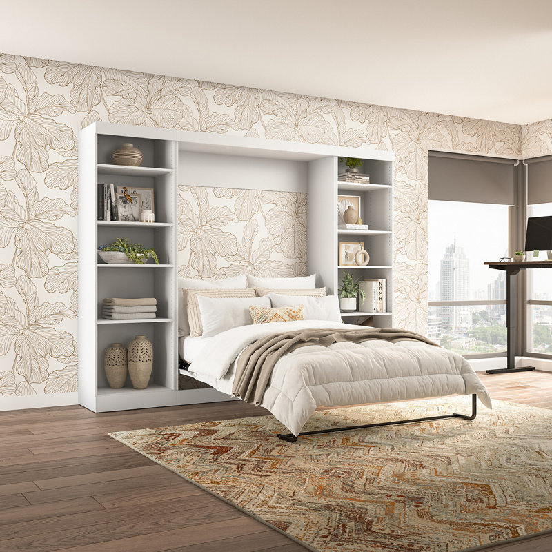 Arlex Murphy Bed and 2 Shelving Units, 115-inch Space-Saving Wall Bed with Storage, White, Full / Double