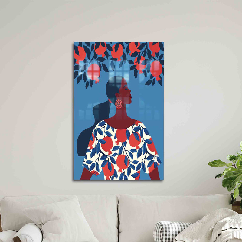 Décoration murale abstraite femme en verre trempé avec une grenade dans un style créatif d'art mural, H 70,9 po x l 47,2 po