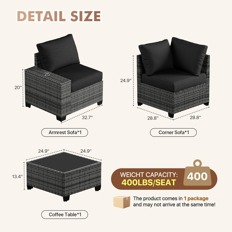 2 -Person Rattan Patio Safo With Cushions, Gray, Black