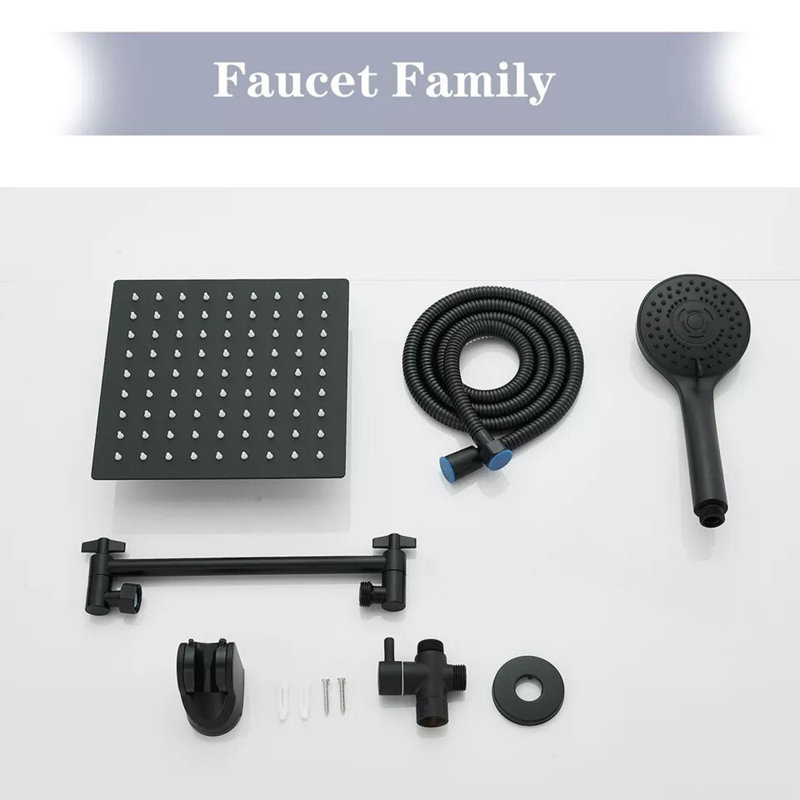 Pomme de douche 12 po noir mat avec bras d'extension réglable et douchette à main