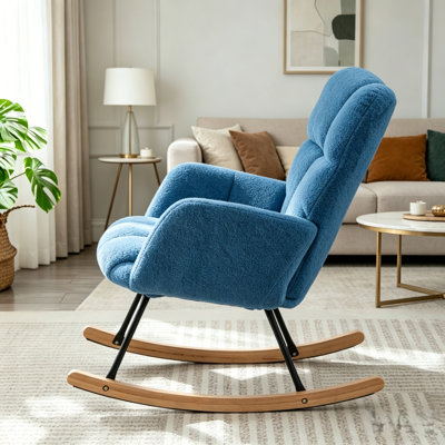 Chaise berçante en tissu bleu Teddy, fauteuil de loisirs confortable avec dossier haut, accoudoirs rembourrés, salon, chambre à coucher, balcon