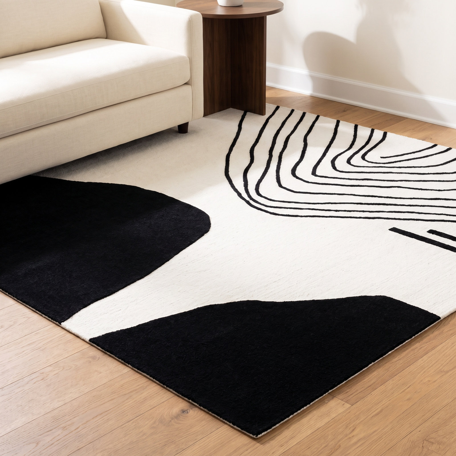 Felipe Ivory Black Hand-Woven Abstract Wool Rug, Rectangle 8' x 10'