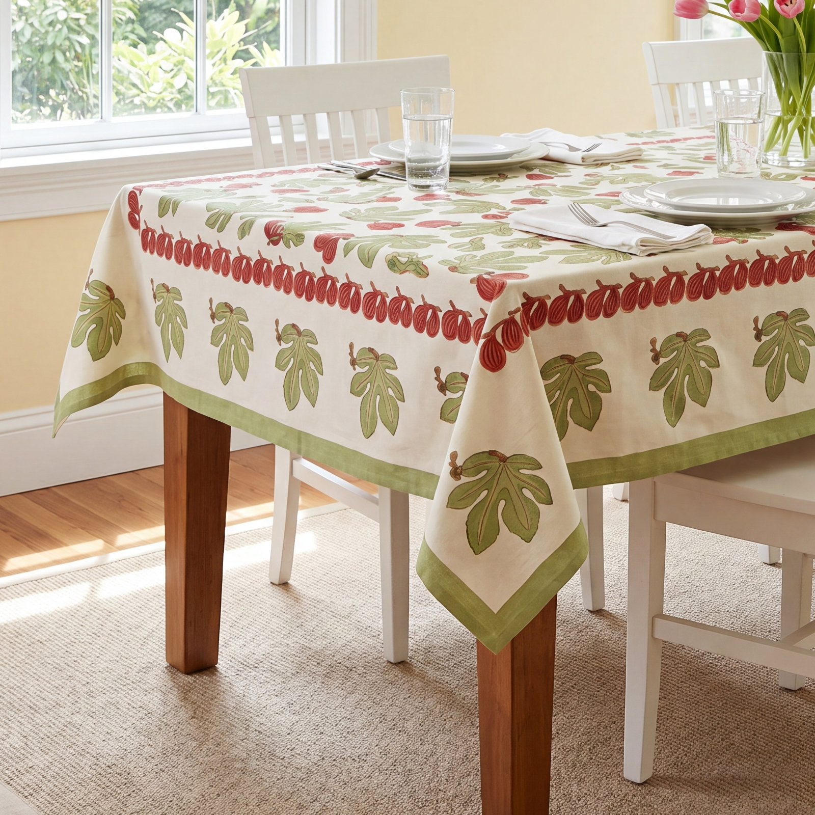 Debarata Floral Tablecloth, 142" x 71", Red/Green/White