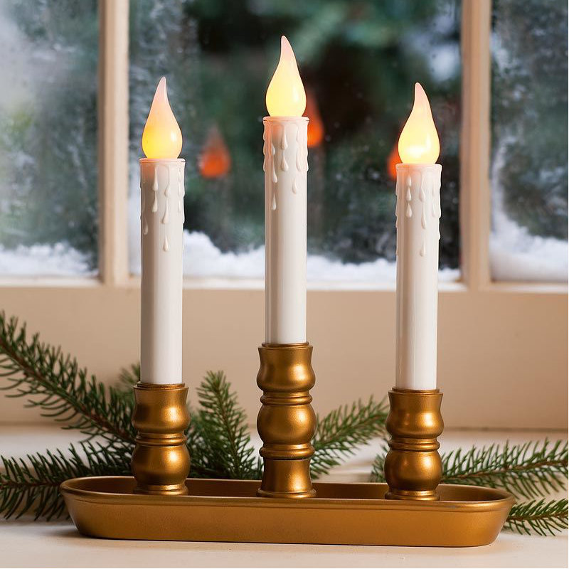 Triple Battery Window Candle, Antique Gold