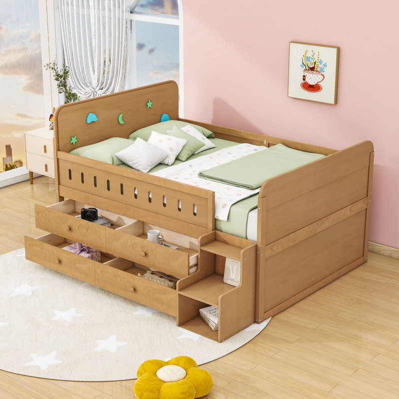 Lit en bois avec lumières DEL intégrées, 4 tiroirs de rangement et tablettes, Couleur du bois