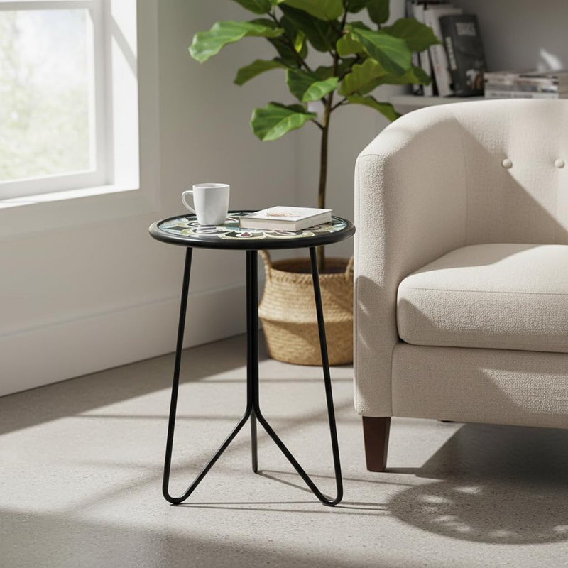 Petite table d'appoint à plateau rond en verre avec structure en métal, table de bout décorative d'intérieur / extérieur et support pour plante pour la terrasse, le jardin, la cour ou la cuisine