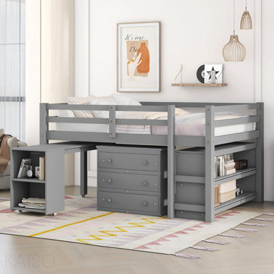 Lit mezzanine double bas avec cabinet, tablettes et bureau portatif à roulettes, lit multifonctionnel - gris