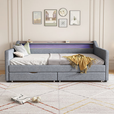 Lit de jour avec 2 tiroirs de rangement et tablette à 2 niveaux et port USB / Type-C, structure de lit de jour rembourrée en lin moderne avec lumière DEL intelligente pour le salon, appartement