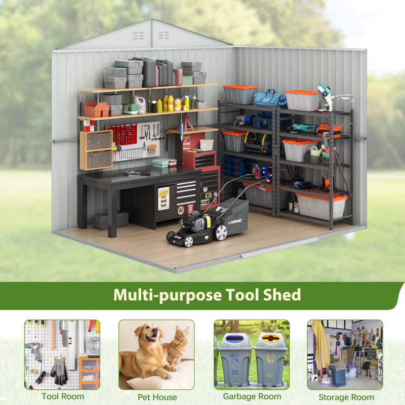 Gray 6' x 8' Steel Garden Storage Shed with Windows