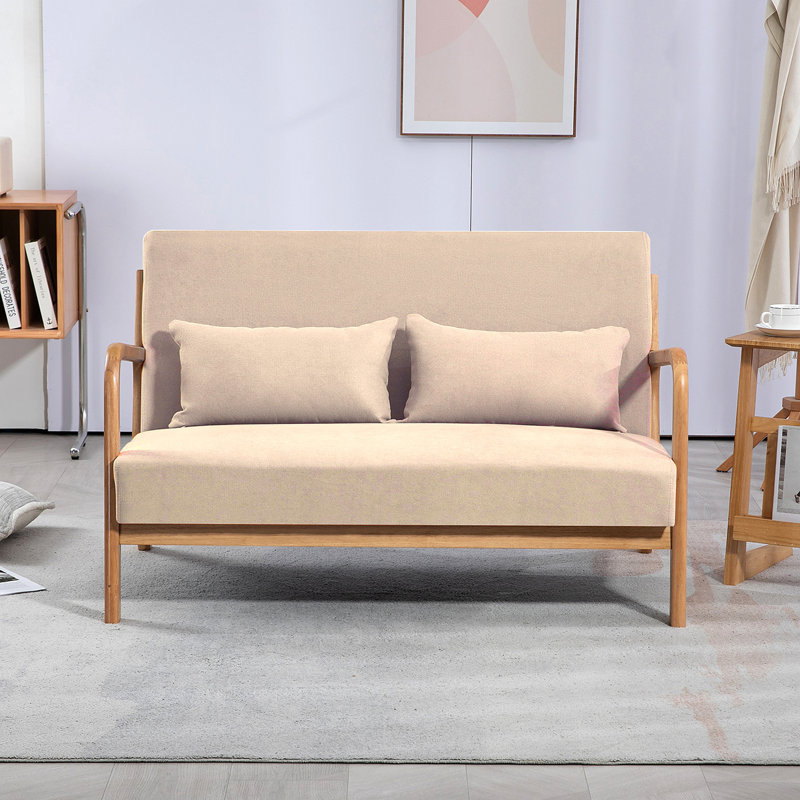 Fauteuil de loisir avec accoudoirs et pieds en bois massif, canapé d'appoint Mid-Century moderne, 2 places, Beige