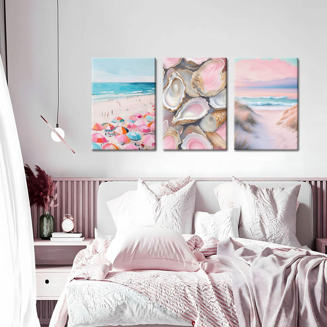 Preppy Coastal Canvas Wall Art Set Of 3, Trendy Pink Beach Wall Decor Paintings, Summer Beachy Shells Oyster Aesthetic Posters Prints Pictures For Gir