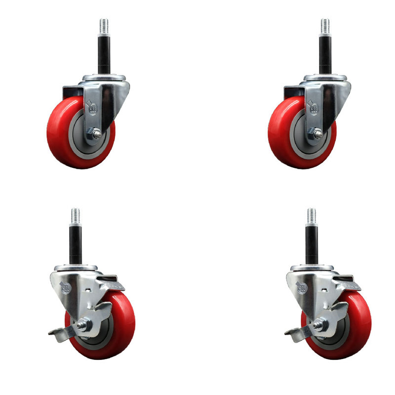 Ensemble de roulettes extensibles pivotantes en poly sur roulettes 2 freins SCC TLB 3,5 po x 3/4 po, Rouge