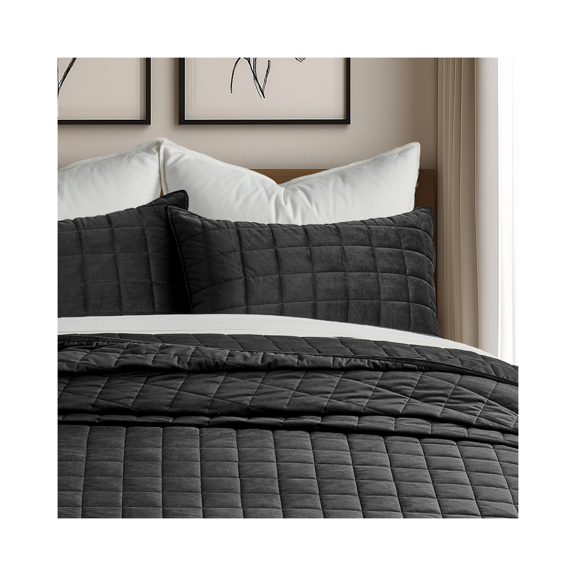 Box Stitch PearlVelvet Quilt set, Queen Quilt + 2 Standard Shams, Black