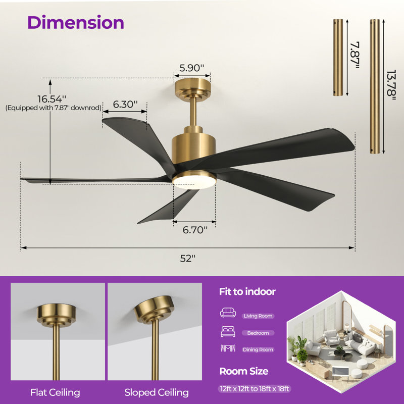 Karlena 52'' Modern Large Ceiling Fan With Led Lights And Remote Control, App, Timer, Memory