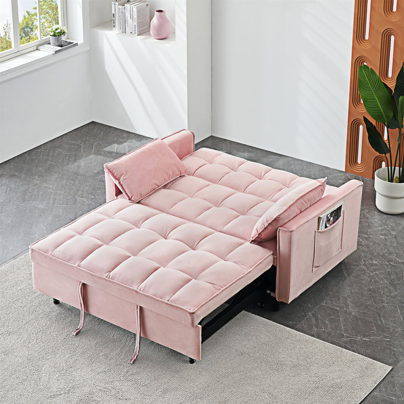 Canapé-lit rembourré avec coussin et poches, Velours rose