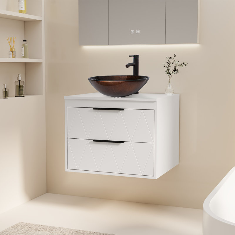 Sharee 24" Wall Mount Single Bathroom Vanity with Vessel Sink, Floating Cabinet Manufactured Wood Top, Faucet, Drain, White
