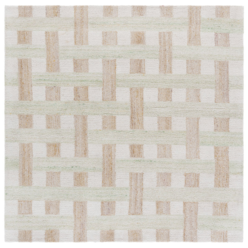 Keyshun Hand Tufted Wool/Cotton Geometric Rug in Ivory/Green, Square 6'