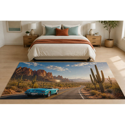 Tapis « Ultra Fin » 152 x 213 cm (5 pi x 7 pi) à motif de voitures vintage et d'aventure sur les routes du désert, idéal pour une chambre d'enfant, une chambre à coucher, un salon ou un bureau à domicile. Moquette douce à poils courts avec envers antidérapant en silicone.